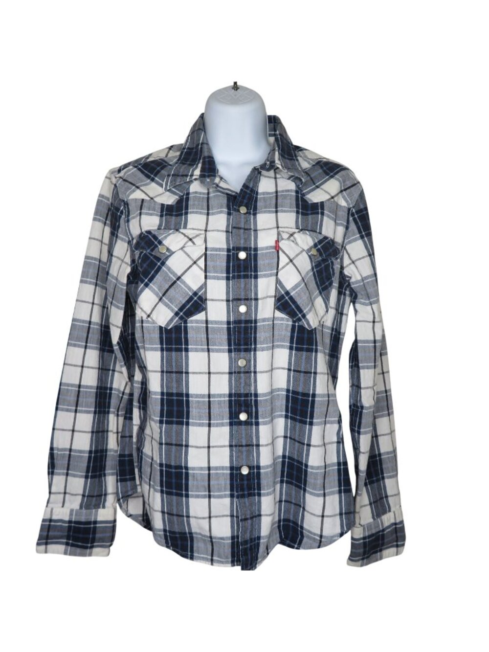 Levi's Shirt Mens Small White Blue Plaid Western Snap Button Long Sleeve Yoke